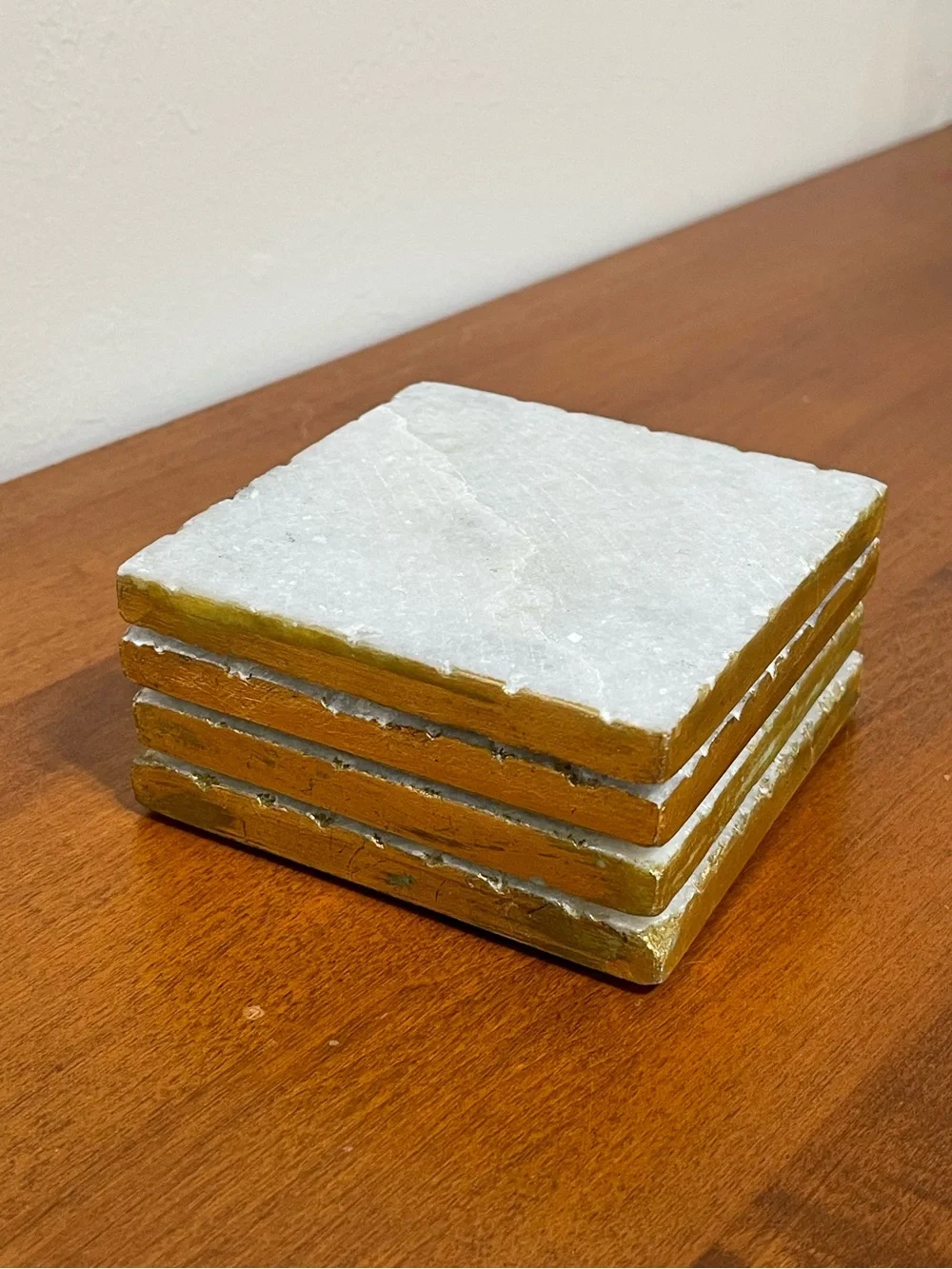White Natural Stone Marble Sparkle Shimmery Square Coasters Gold Edges 4x4 4 Set